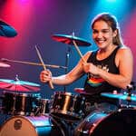 楽しみながらドラム演奏の技術を高める!名古屋市名東区のGorin Music Studioならではの5つのメリット ドラムを演奏する女性講師。赤紫色のネオン効果を背景にドラムセットで演奏する様子