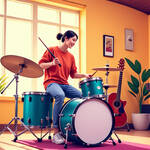 毎日のストレスに押し潰されそう…名古屋市名東区のドラム教室でリフレッシュを ドラムを演奏する笑顔の女性。リフレッシュできる音楽教室の風景